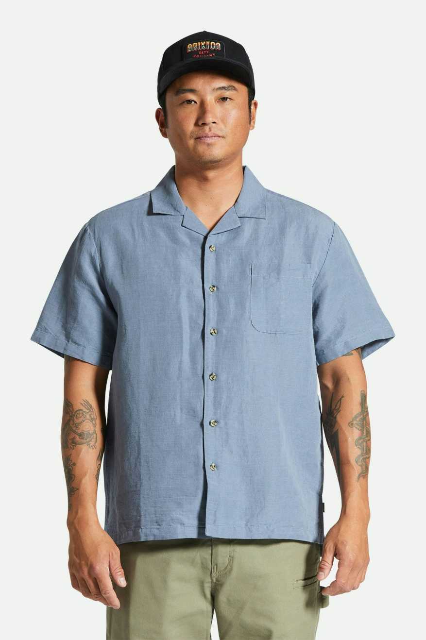 
       Brixton Bunker Linen S/S Camp Collar Woven Shirt - Flint Stone Blue
     