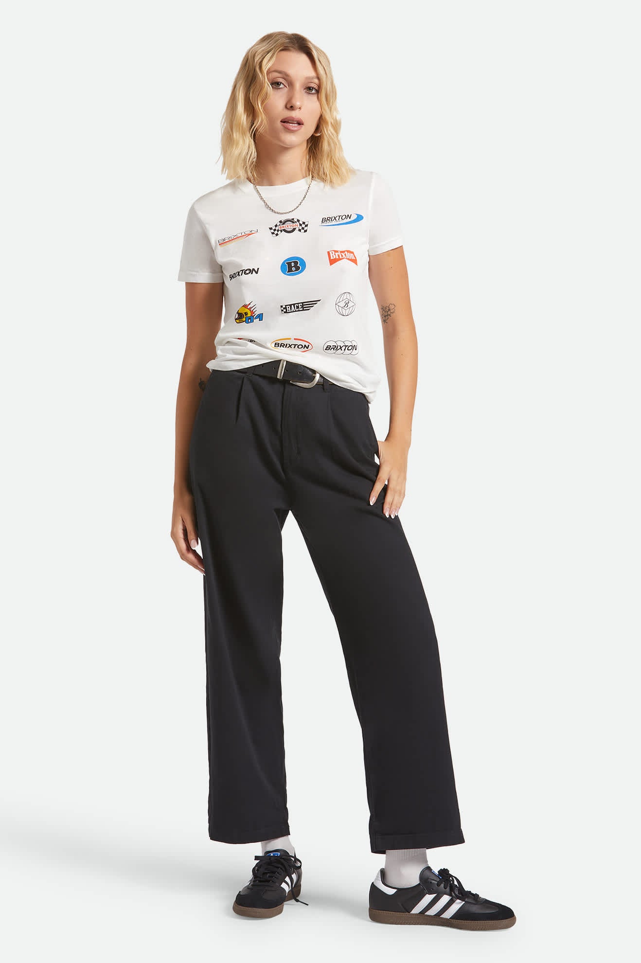 Women's Racing Patches Crew T-Shirt in the color Off White - Additional Fit image
