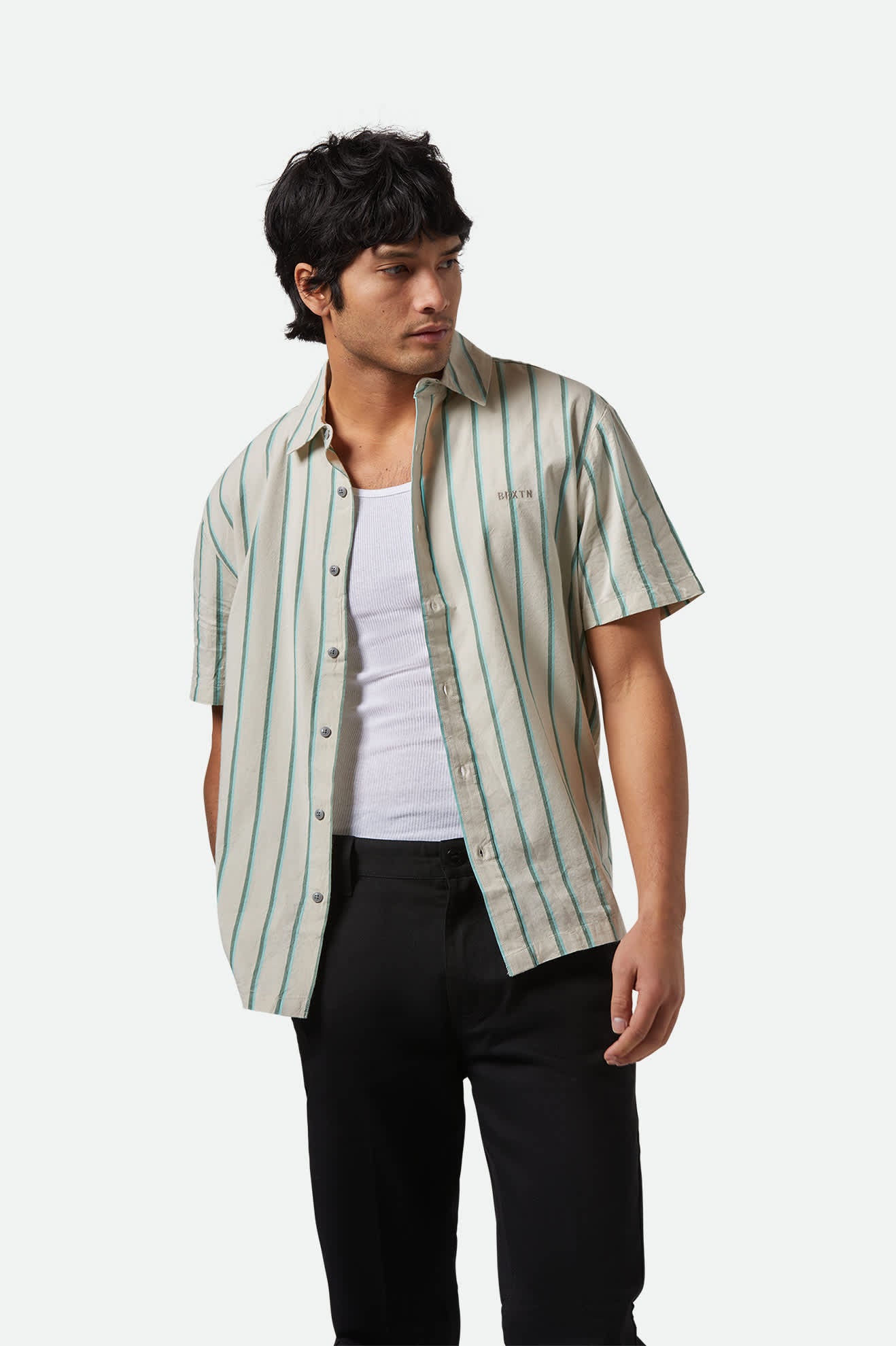 
       Men&#39;s CRU Stripe Relaxed S/S Shirt in the color Beige/Pine Needle/Aquatic Green - Men&#39;s Front View
     