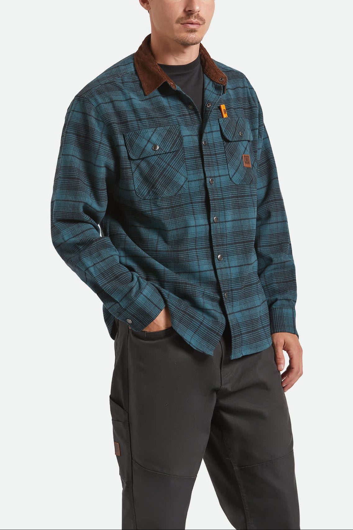Men's Builders Bowery Stretch Water Resistant Flannel in the color Night Sage/Black - Men's Front View