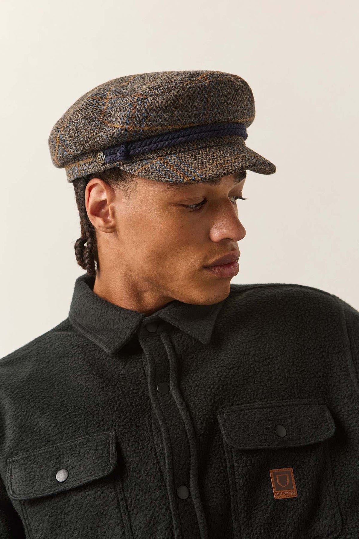 Unisex Fiddler Fisherman Cap in the color Slate Blue/Sepia/Orange - Men's Side View