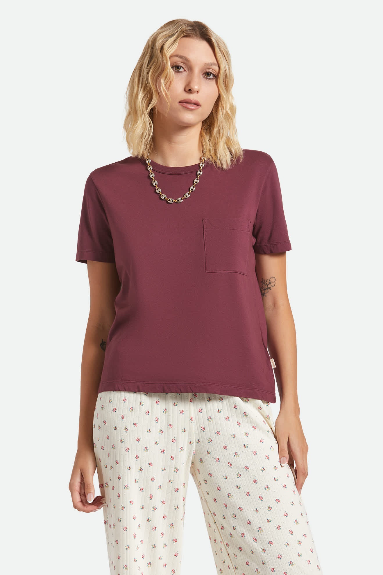 Women's Carefree Organic Garment Dye Perfect T-Shirt in the color Port - Women's Front View