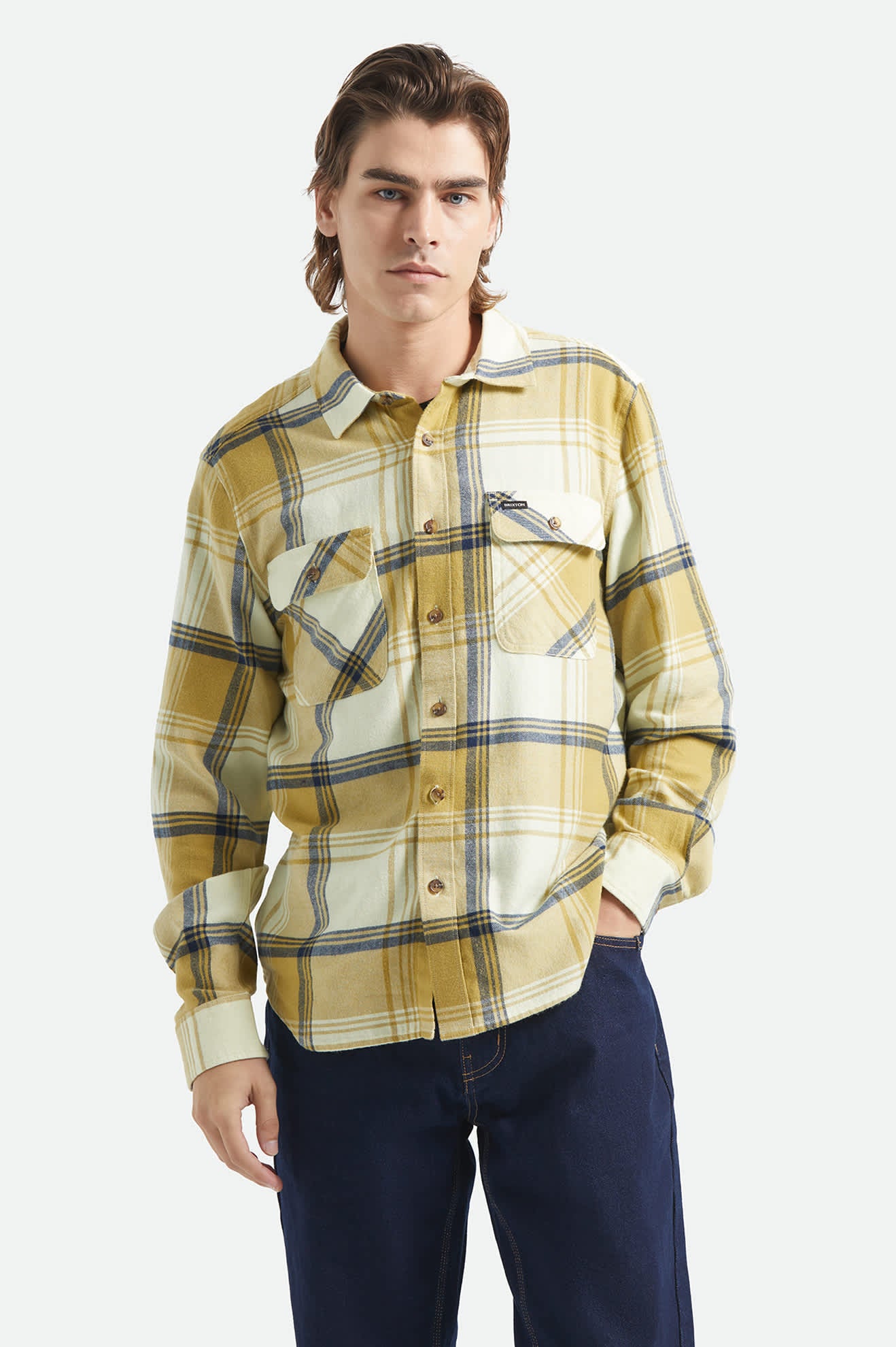 Men's Bowery Lightweight Ultra Soft Flannel in the color Yellow/Dusted Ochre - Additional Fit image