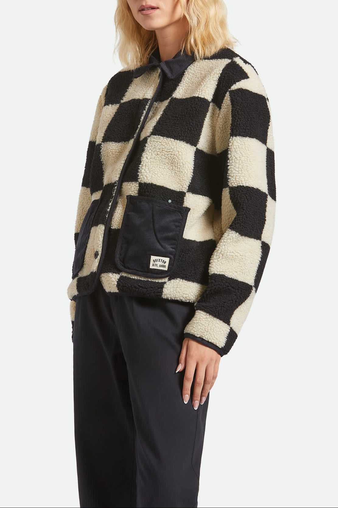 Women's Delilah Sherpa Jacket in the color Black/Natural Finish Line Checker - Women's Side View