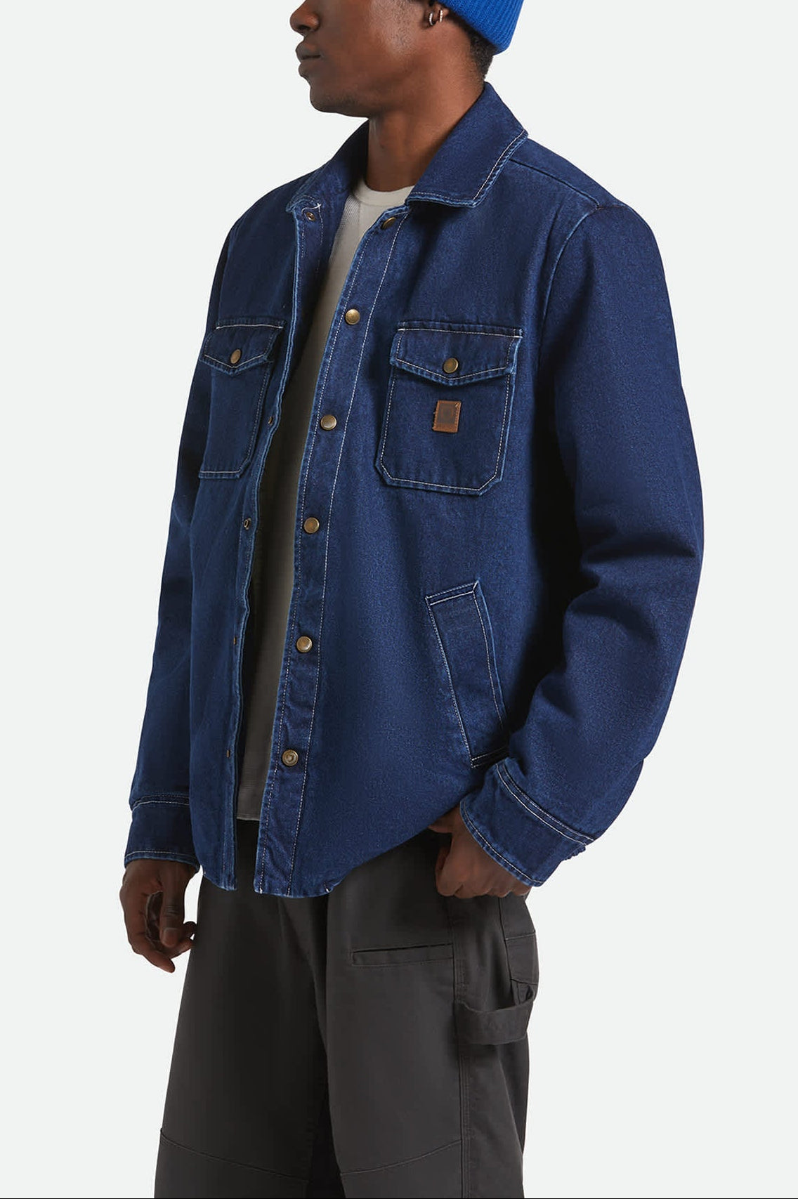Men's Durham Sherpa Lined Jacket in the color Medium Wash Denim - Men's Side View