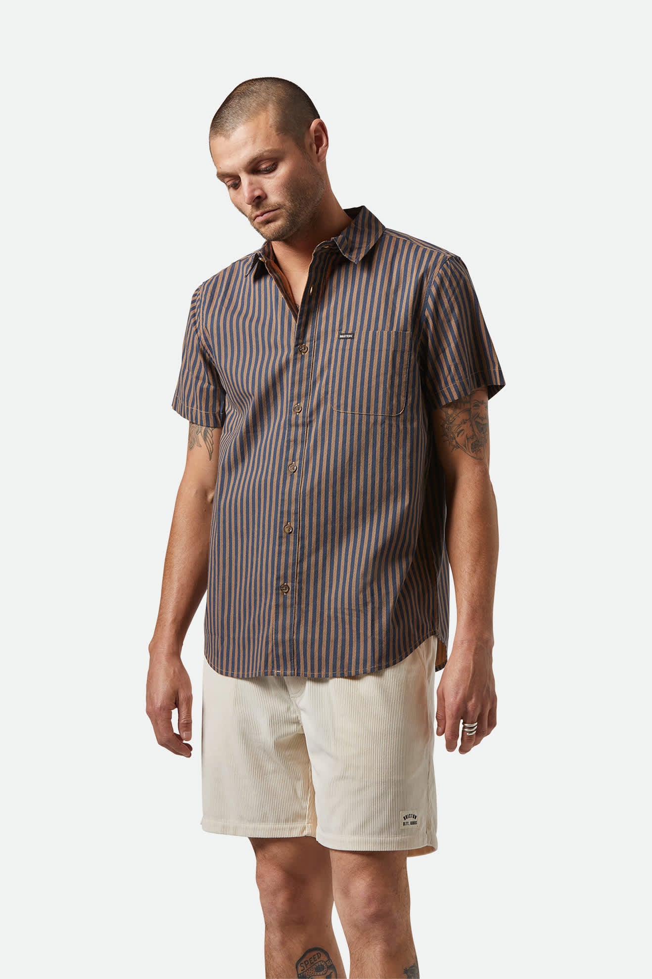 Men's Charter Print S/S Shirt in the color Washed Blue/Sunnaked  Stripe - Men's Front View