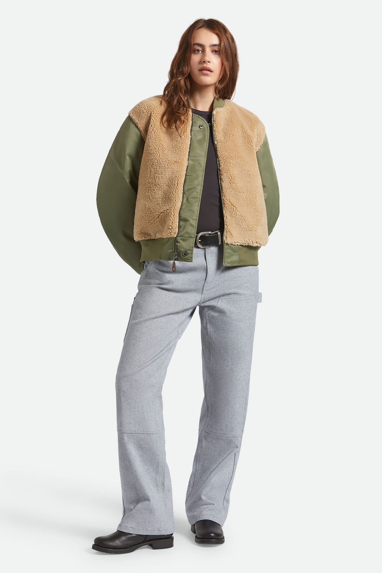 Women's Sherpa Surplus Bomber Jacket in the color Olive Surplus - Additional Fit image