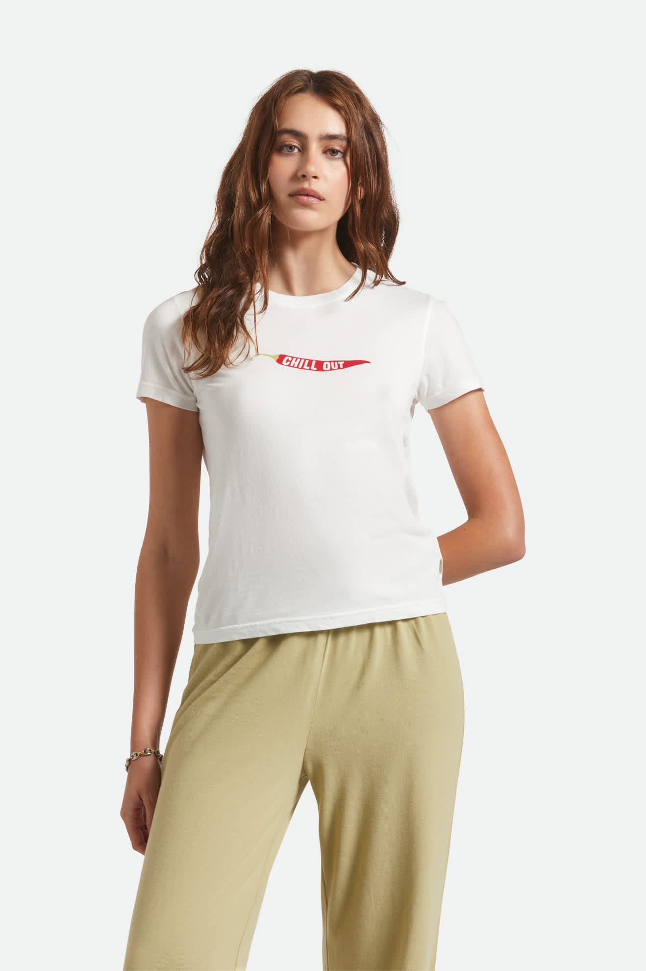 Women's Chill Out Fitted Crew T-Shirt in the color Off White - Women's Front View
