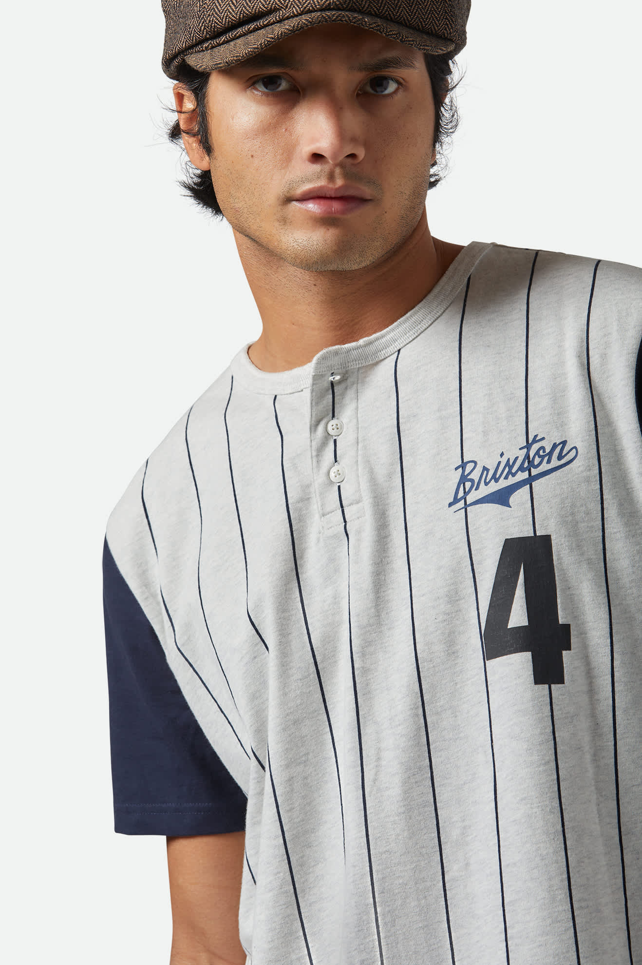 Men's The League Baseball T-Shirt in the color Heather Grey Ash/Washed Navy - Additional Fit View