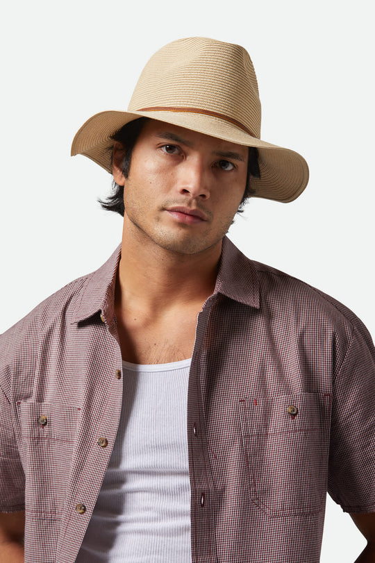 
       Unisex Wesley Straw Packable Fedora in the color Tan - Additional Fit View
     