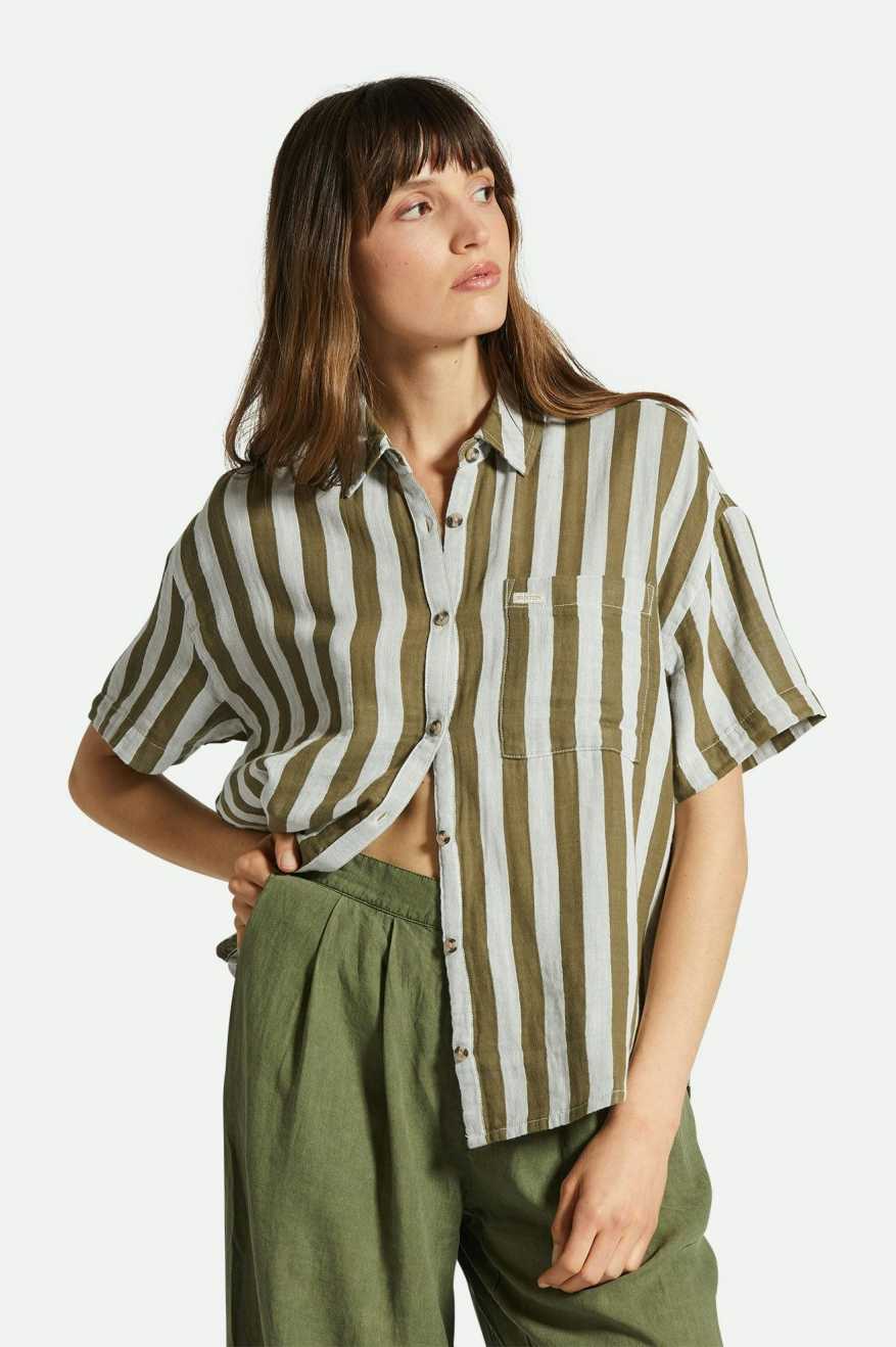 
       Brixton Mykonos Stripe Boyfriend S/S Woven Shirt - Military Olive
     