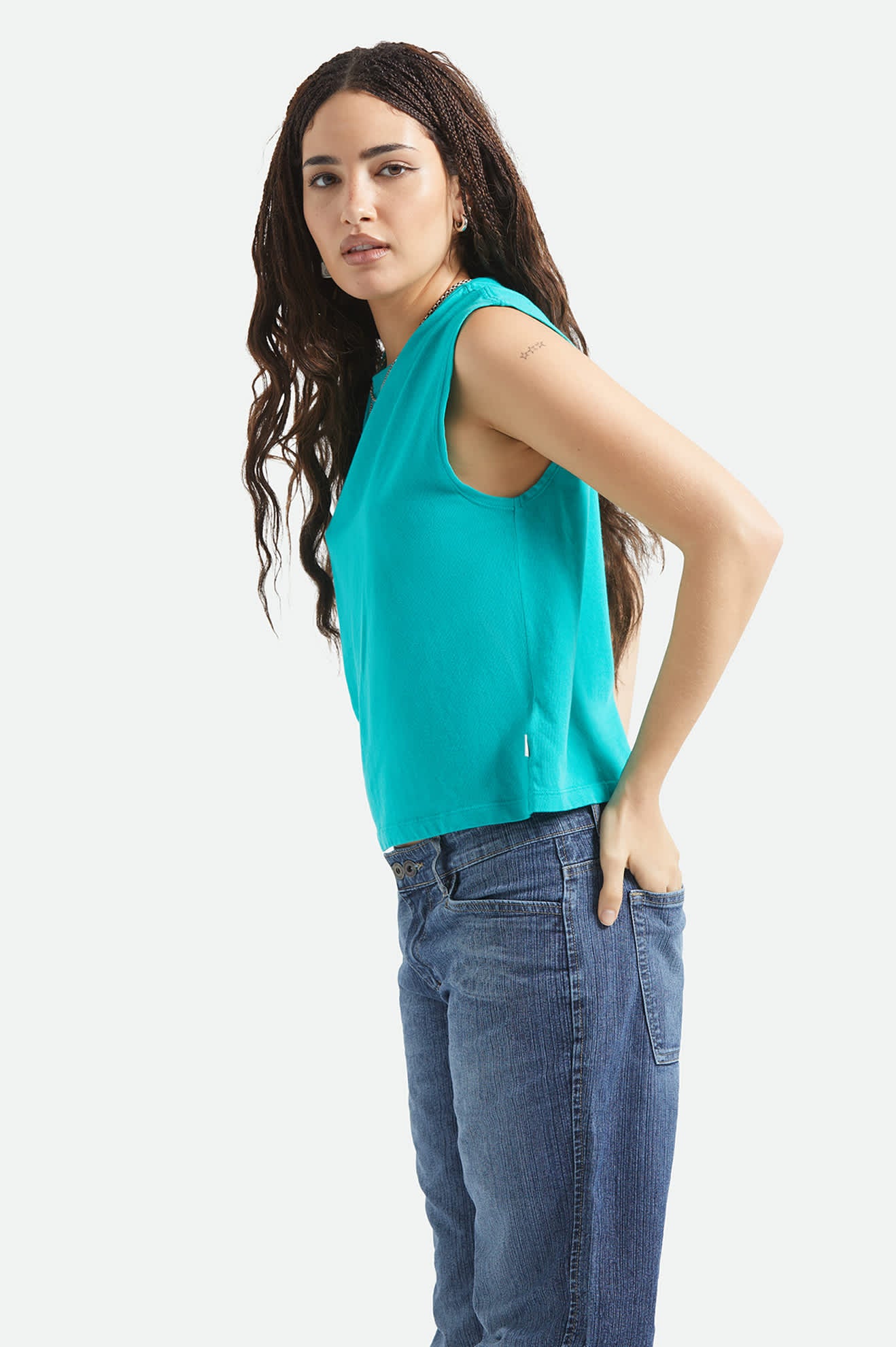 Women's Carefree Organic Garment Dye Muscle Tank in the color Retro Green - Women's Side View