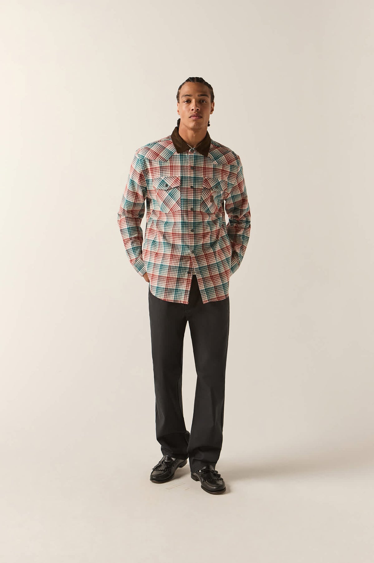 Men's Bowery Builders Ranch Performance Flannel in the color Ultra Marine/Dark Brick - Additional Fit image