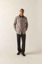 Men's Bowery Builders Ranch Performance Flannel in the color Ultra Marine/Dark Brick - Additional Fit image