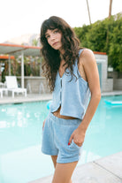 Women's The Weekend Cross Loop French Terry Lounge Short in the color Off White/Electric Indigo - Men's Lifestyle image