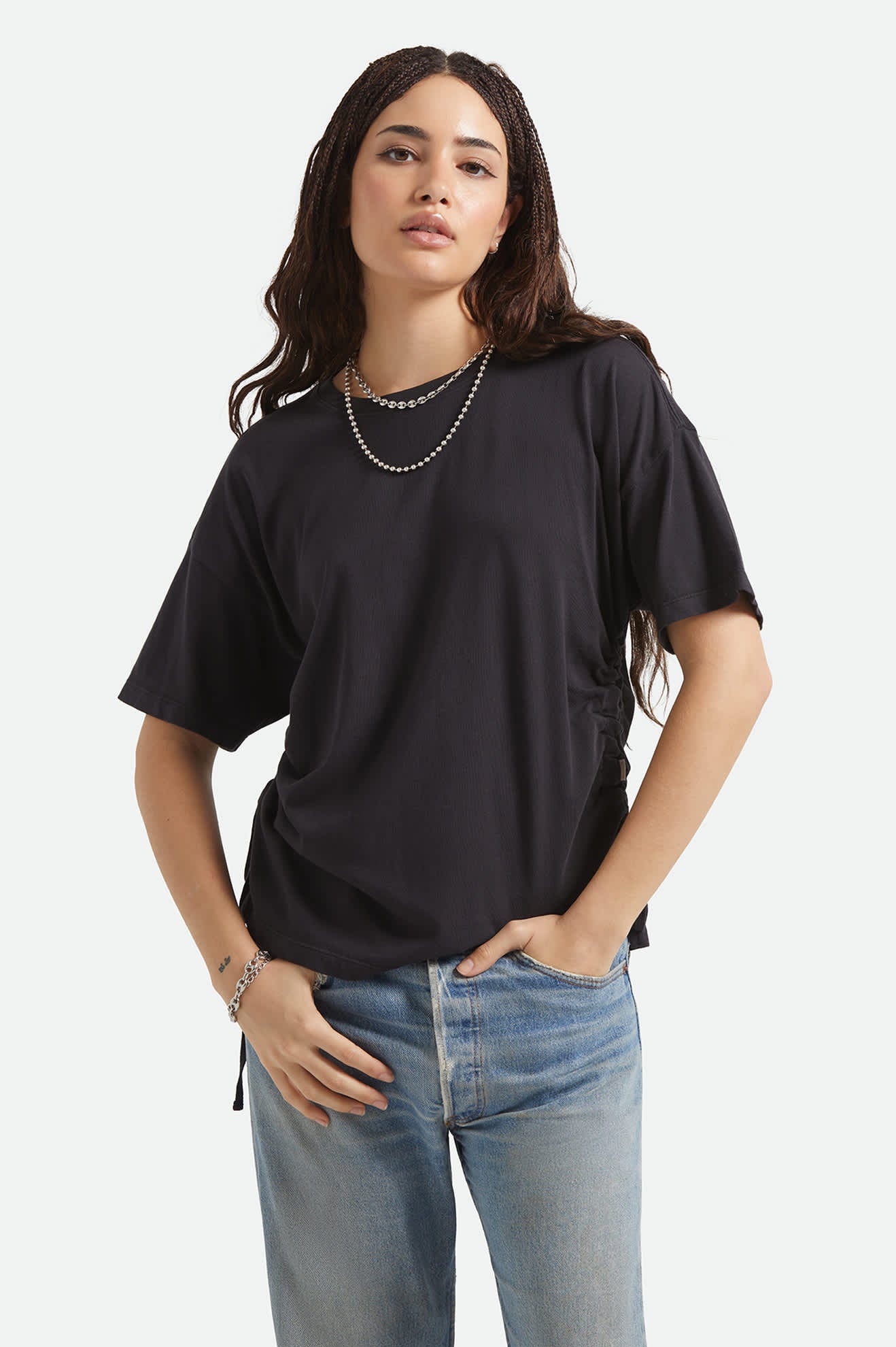 Women's Carefree Organic Garment Dye Cinch T-Shirt in the color Black - Women's Front View