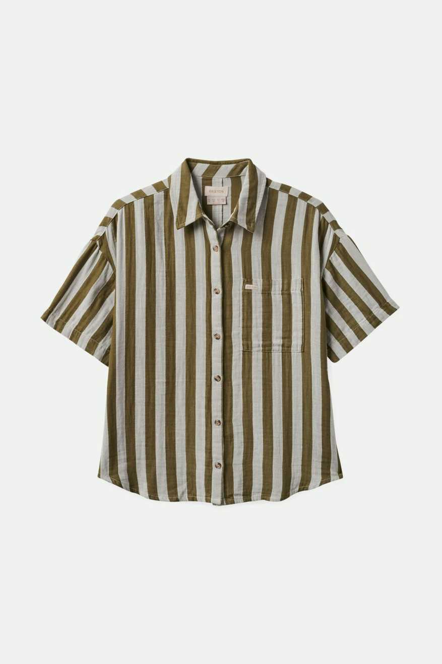 
       Brixton Mykonos Stripe Boyfriend S/S Woven Shirt - Military Olive
     