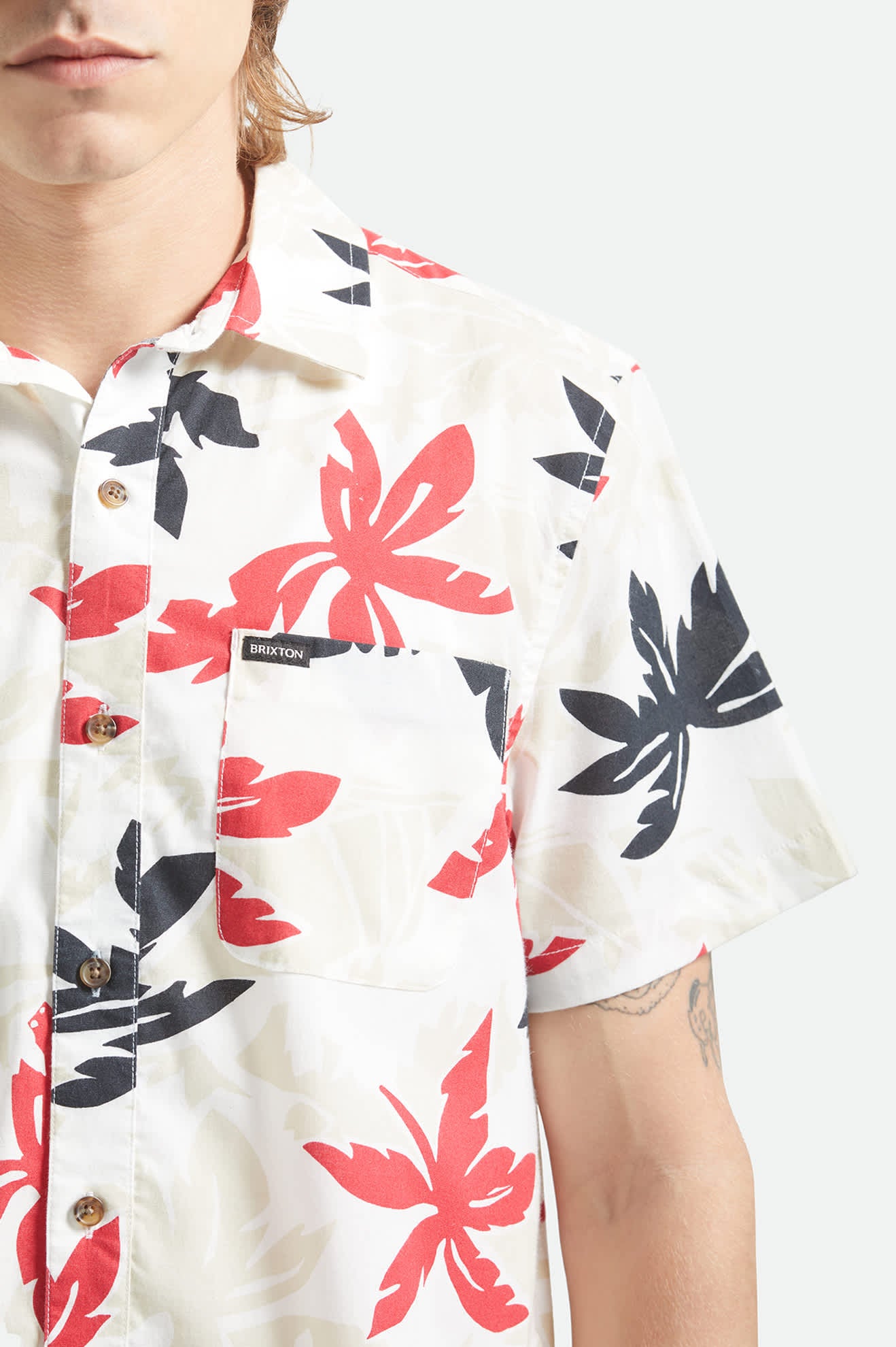 Men's Charter Print Short Sleeve Shirt in the color Off White/Black/Red Palm Floral - Additional Fit image