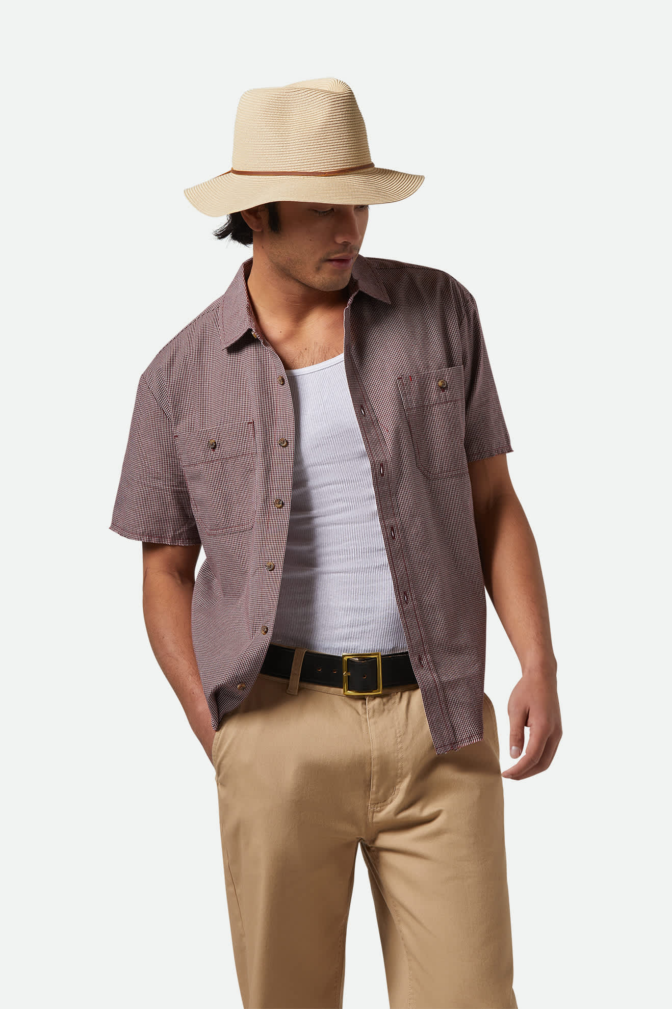 
       Unisex Wesley Straw Packable Fedora in the color Tan - Men&#39;s Side View
     