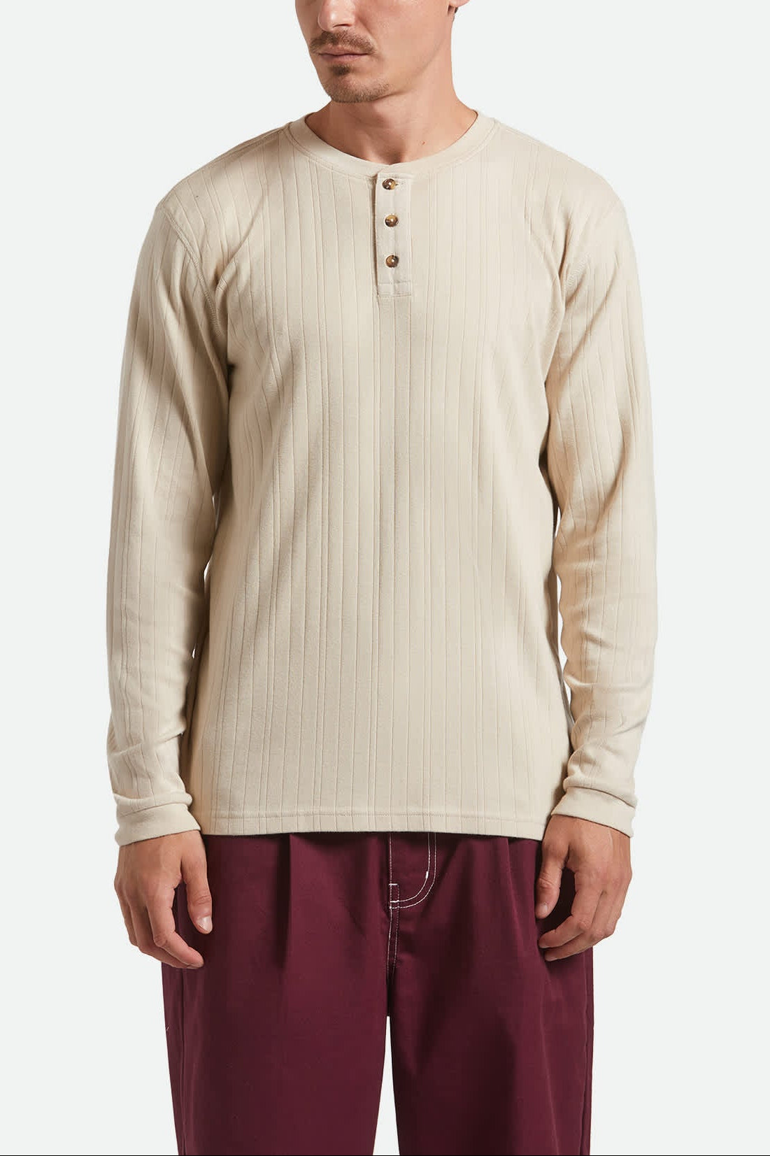 Men's Vintage Ribbed L/S Henley in the color Beige - Men's Front View