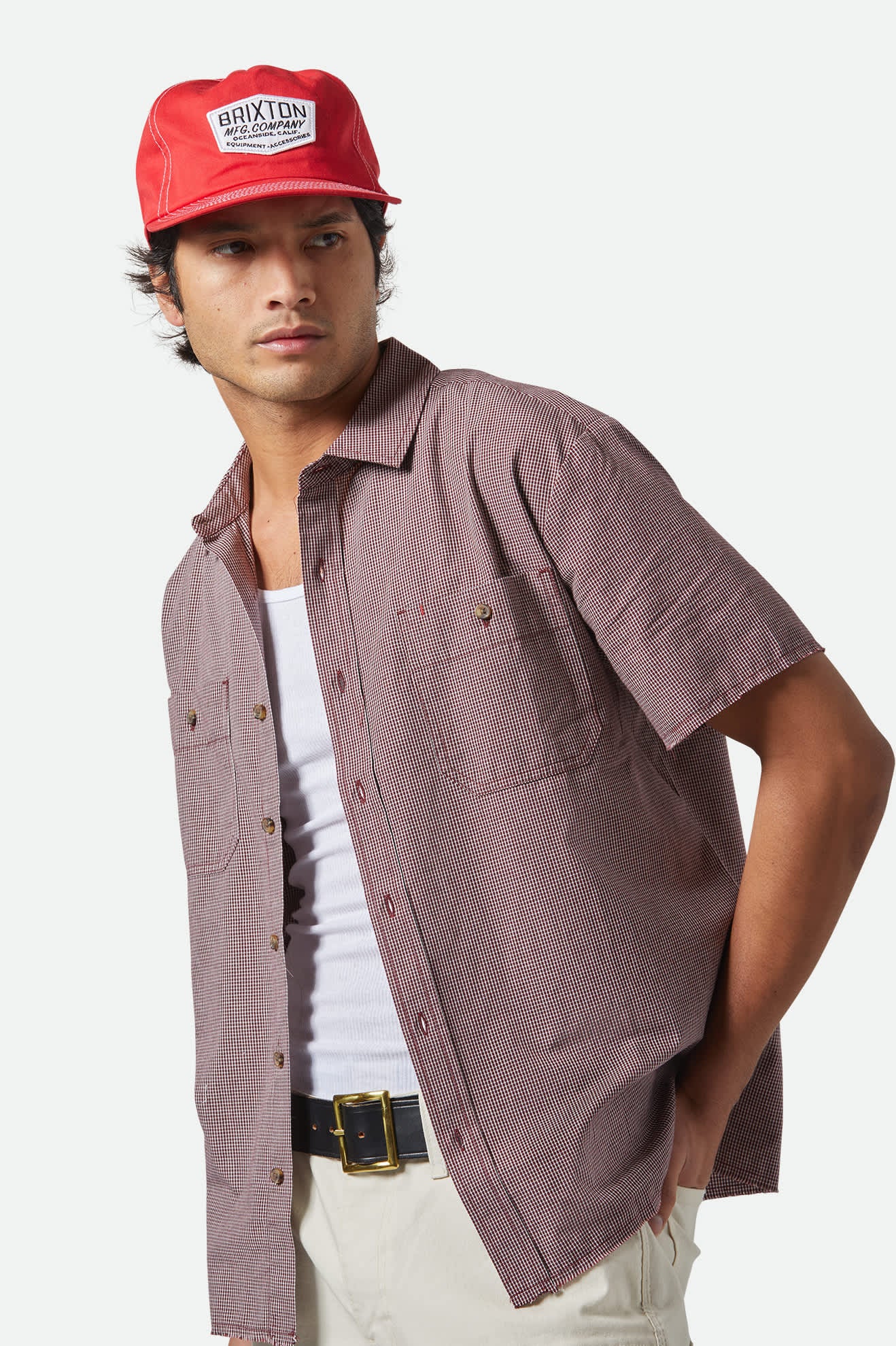 
       Men&#39;s CRU Micro Plaid Relaxed S/S Shirt in the color Cordovan Red Micro Plaid - Men&#39;s Front View
     