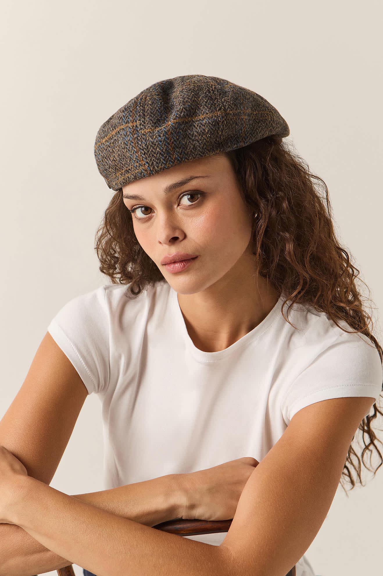 Unisex Brood Newsboy Cap in the color Slate Blue/Sepia/Orange - Women's Front View