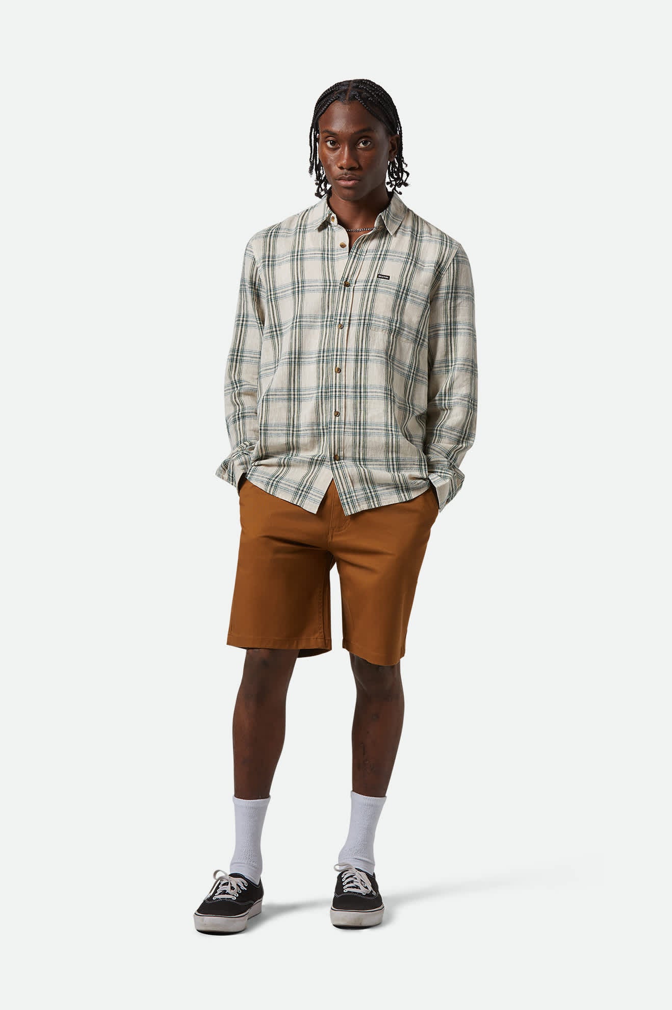 
       Men&#39;s Charter Linen Blend L/S Shirt in the color Off White/Ivy Green Plaid - Additional Fit image
     