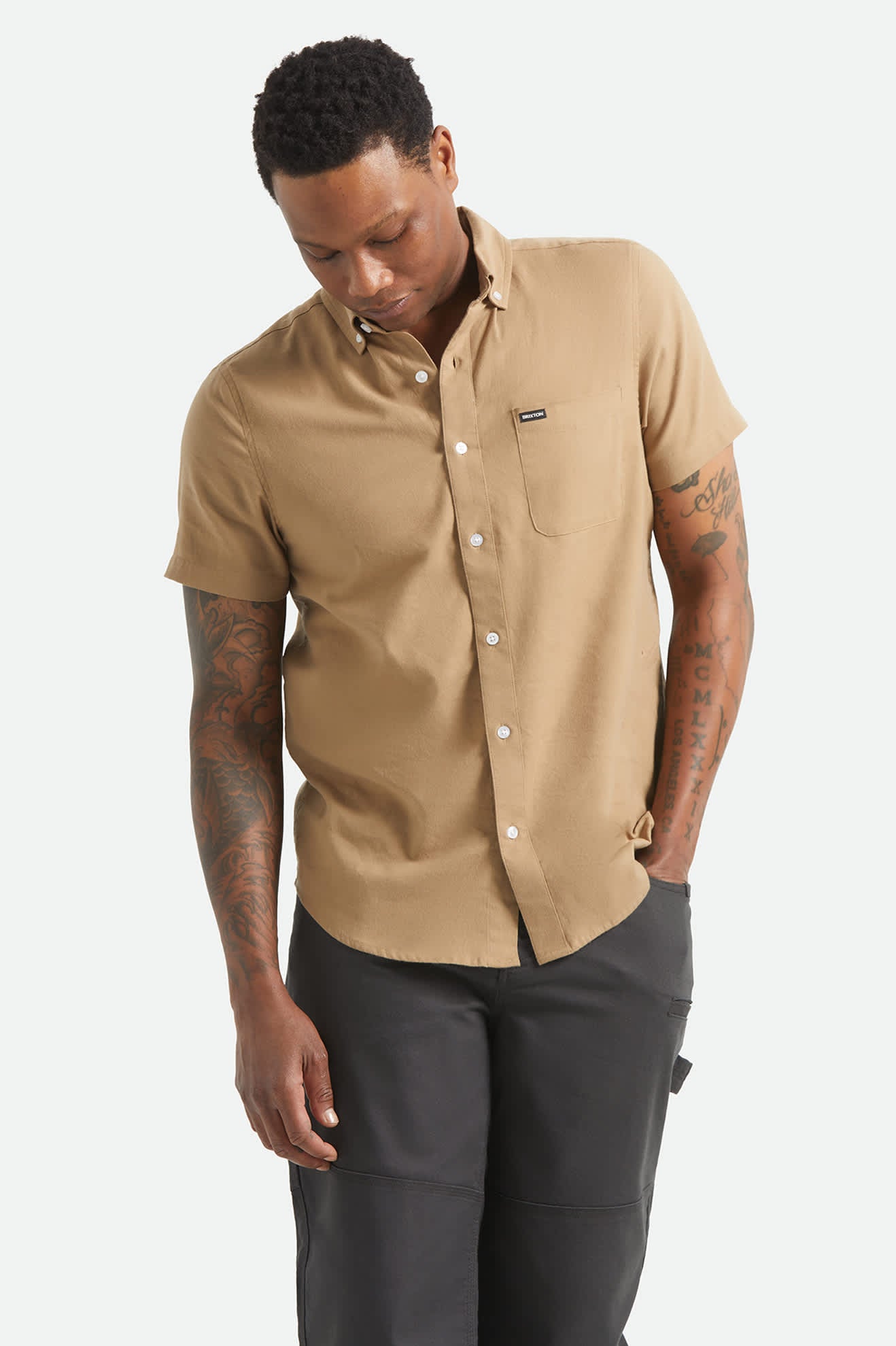 Men's Sanford Short Sleeve Shirt in the color Khaki - Men's Front View