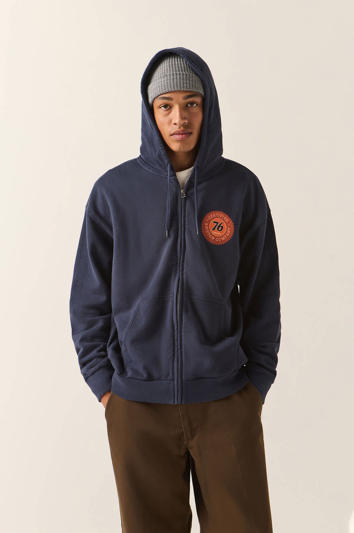 Men's 76 Certified Full Zip Hoodie in the color Washed Navy - Men's Front View
