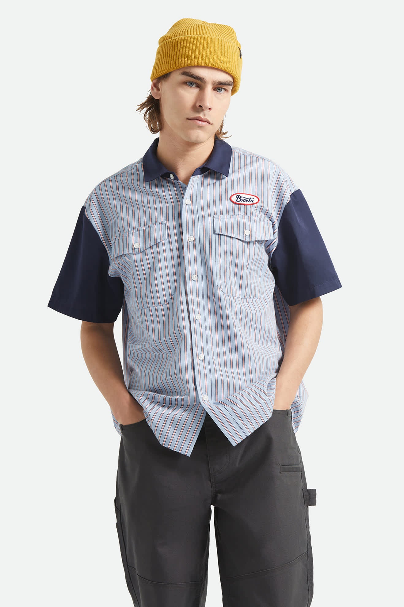Men's Builders Olson Short Sleeve Shirt in the color Blue Aura Stripe - Men's Front View
