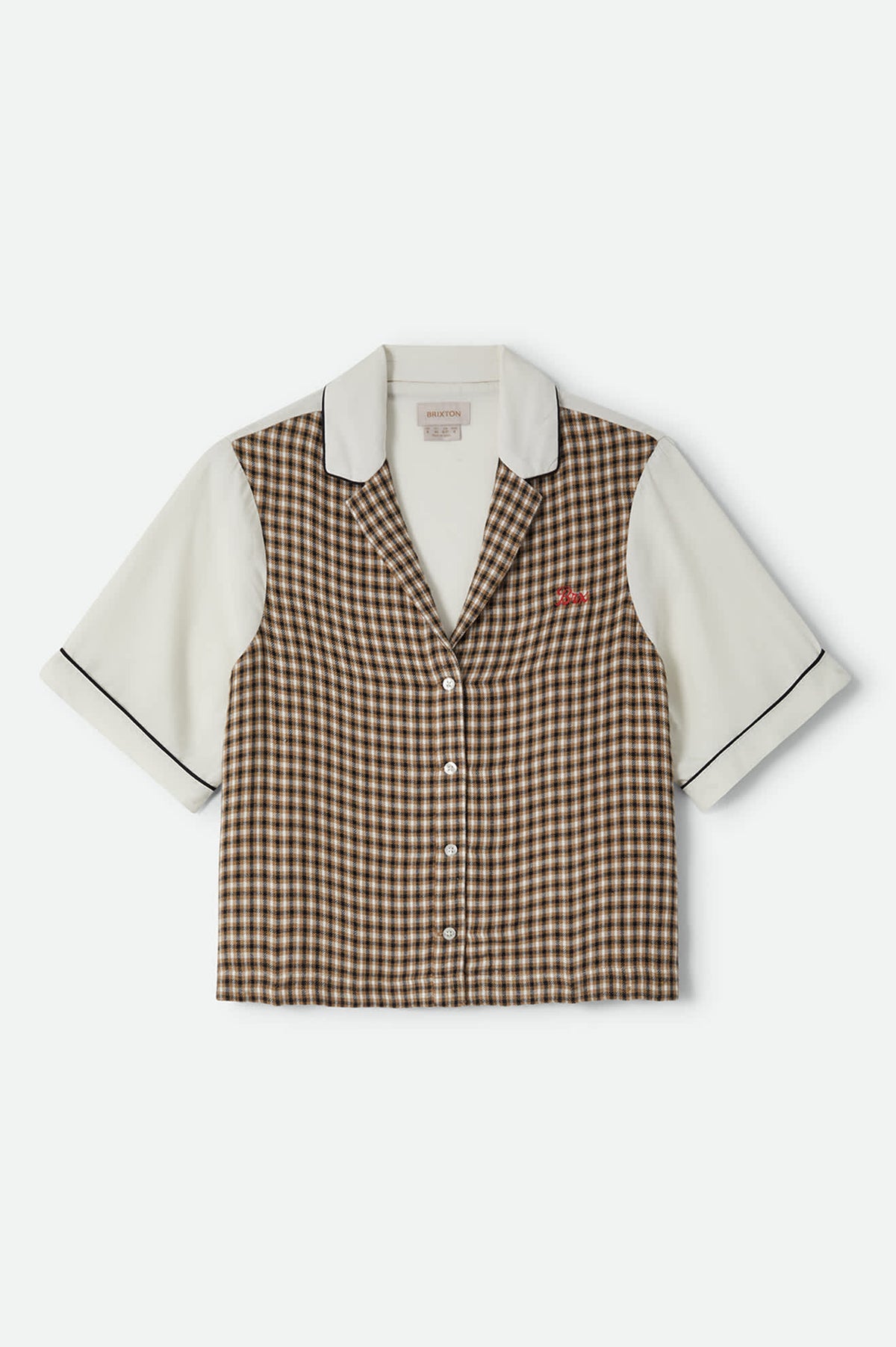 Women's Silky Bowling Button Down Shirt in the color Khaki/Off White/Black Micro - Front Product View