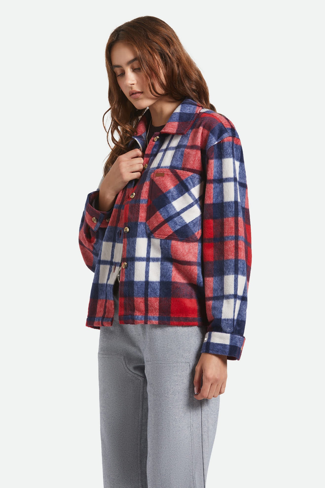 Women's Bowery Women's Soft Brushed Flannel in the color Adrenaline Rush/Navy - Women's Side View