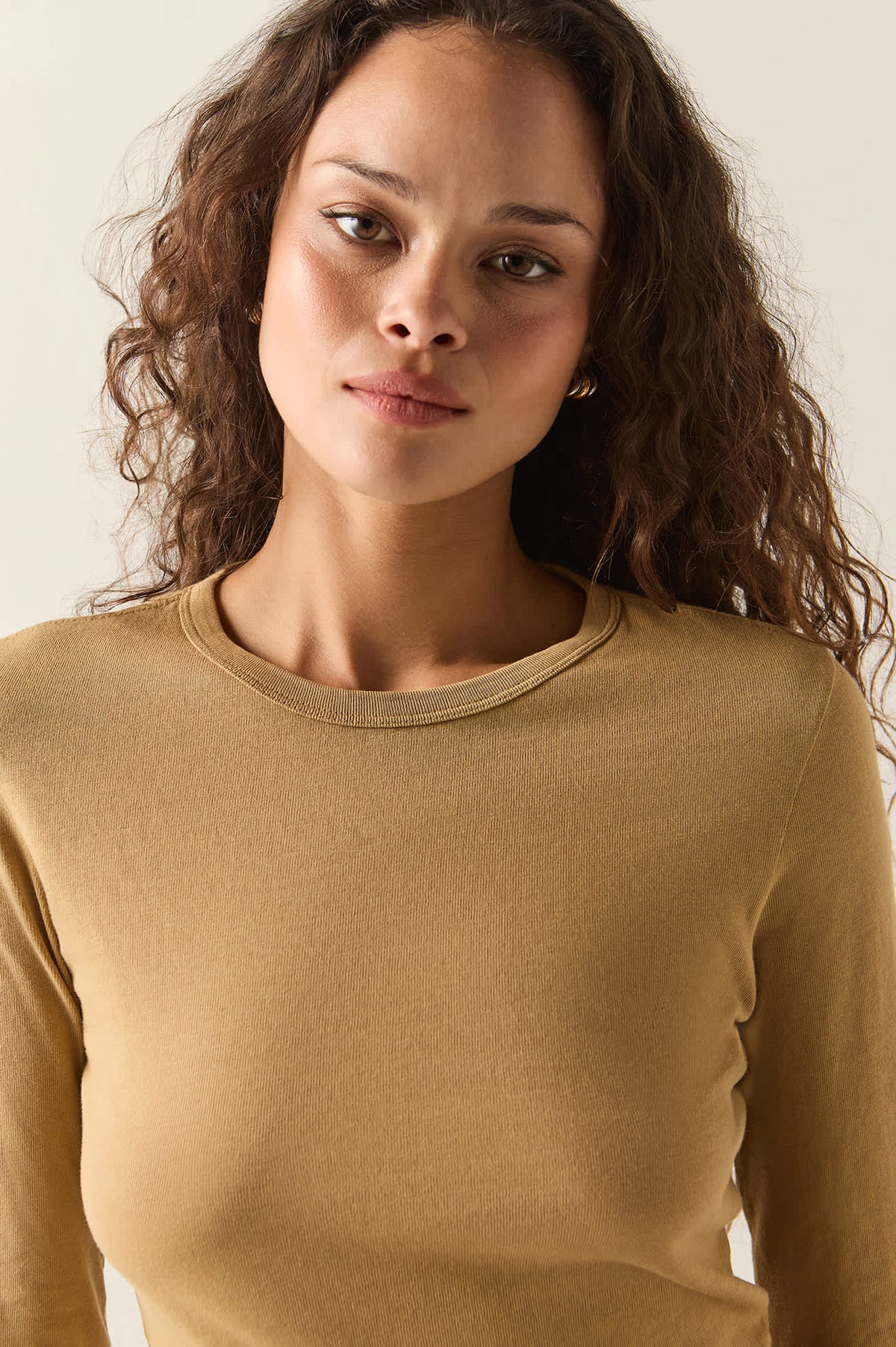 Women's Carefree Organic Garment Dye Slim T-Shirt in the color Khaki - Additional Fit image