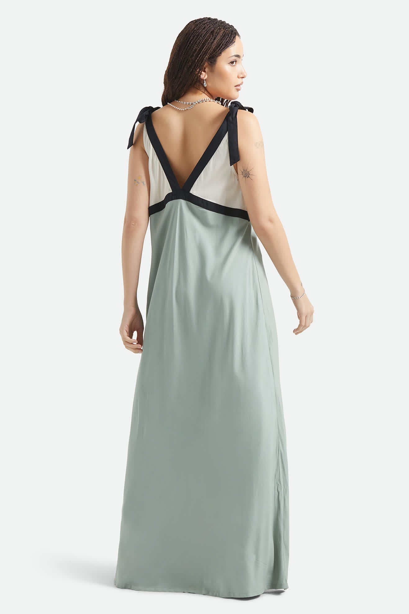 Women's Sunset Tie Slip Dress in the color Sage Green/Whitecap - Women's Back View