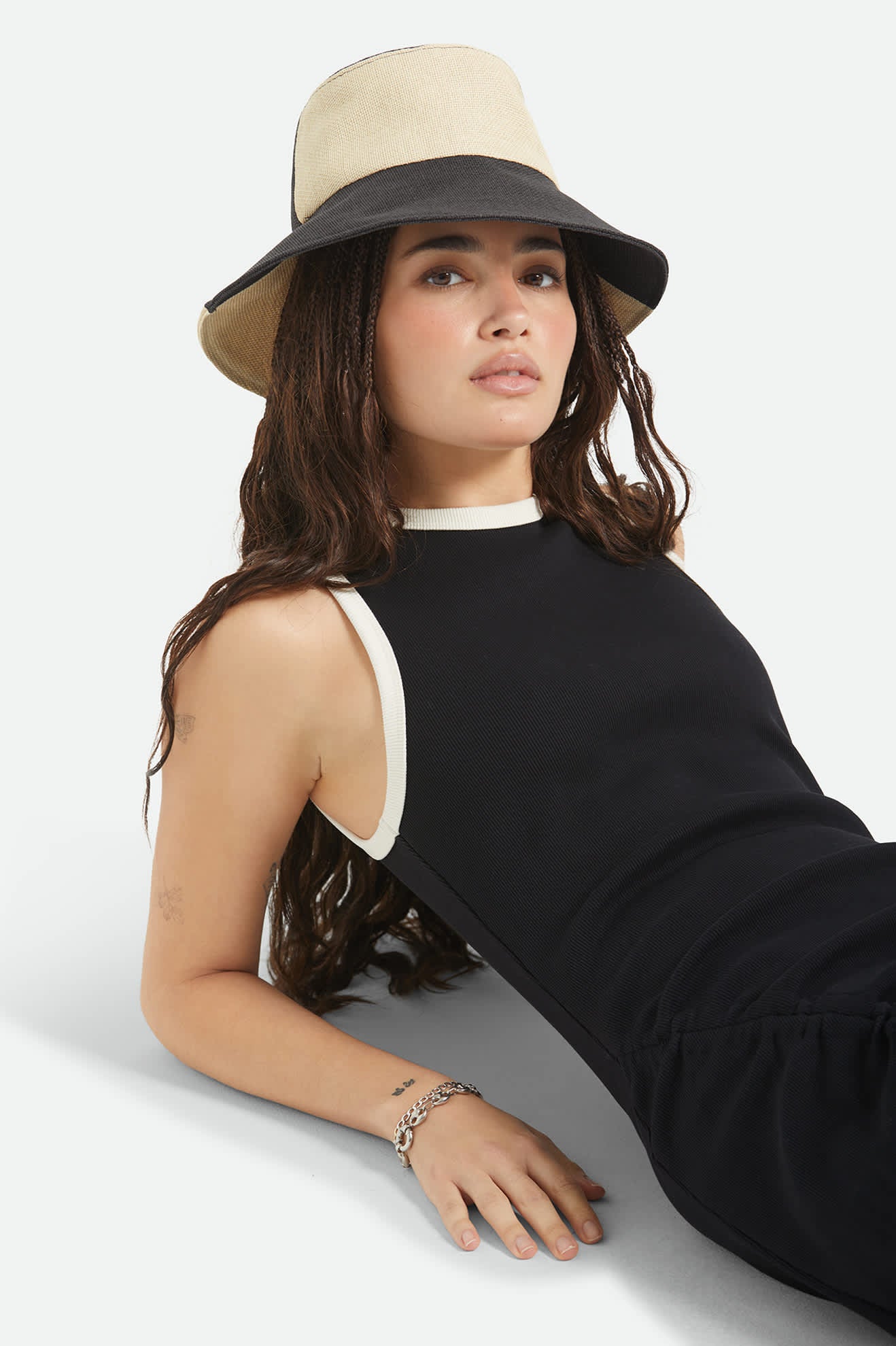 Women's Harmony Packable Bucket Hat in the color Natural/Black - Additional Fit image