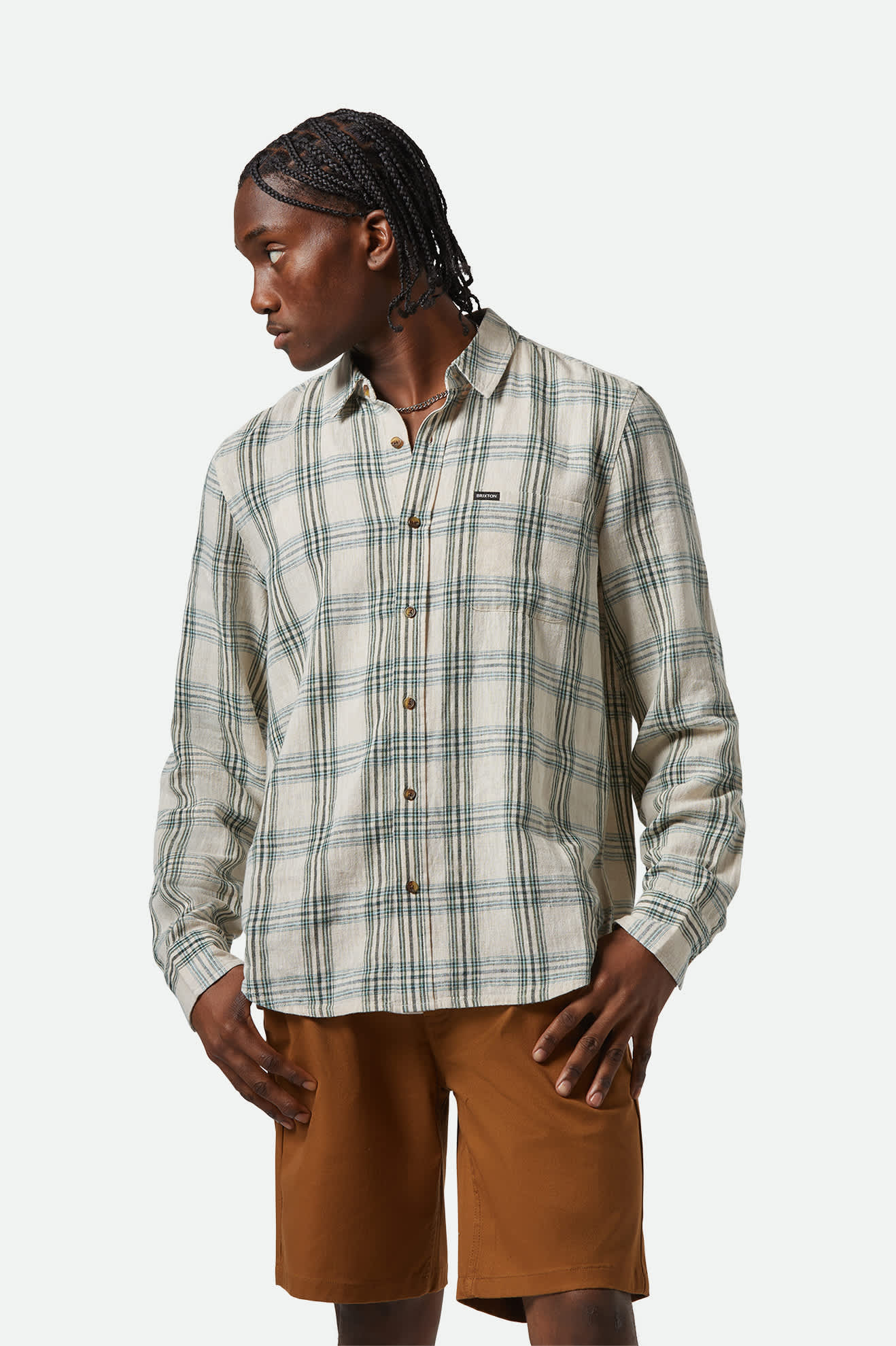 
       Men&#39;s Charter Linen Blend S/S Shirt in the color Off White/Ivy Green Plaid - Men&#39;s Front View
     