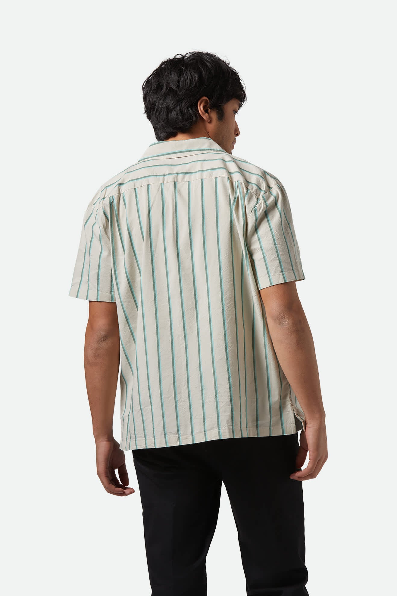 
       Men&#39;s CRU Stripe Relaxed S/S Shirt in the color Beige/Pine Needle/Aquatic Green - Men&#39;s Back View
     