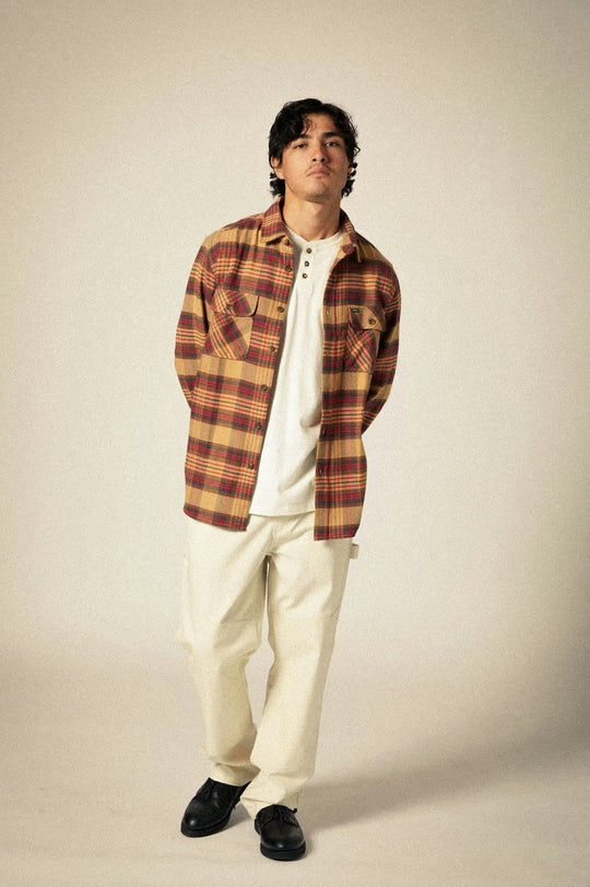 
       Men&#39;s Bowery L/S Flannel in the color Curry/Washed Black/Crimson - Additional Fit View
     