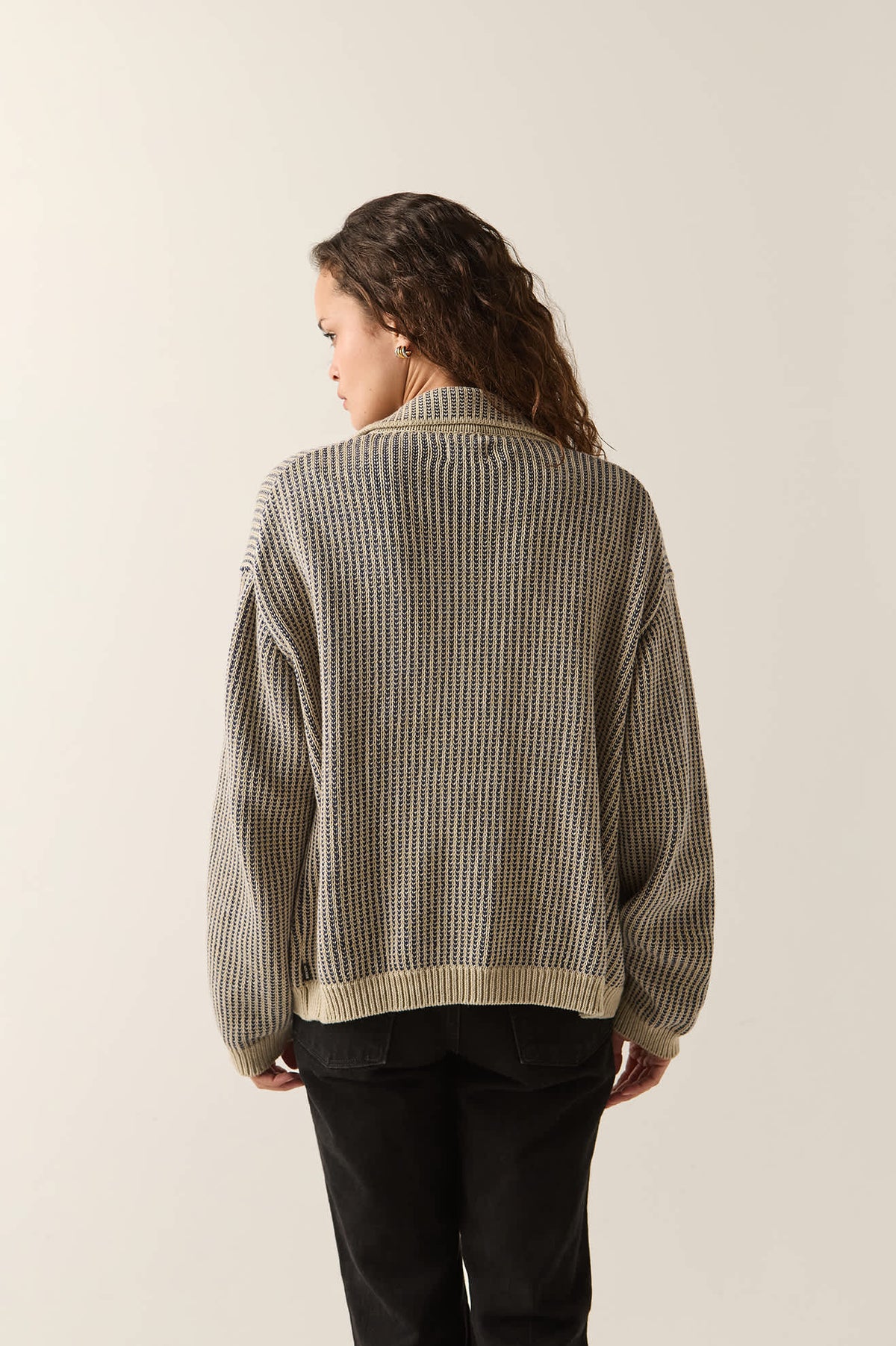 Unisex Pacific Zip Sweater in the color Navy/Whitecap - Women's Back View