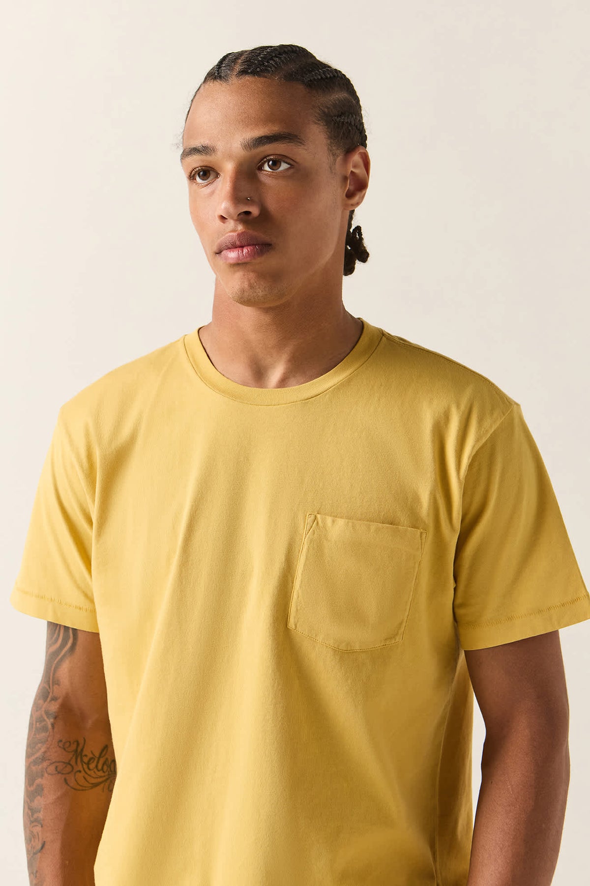 Men's Brixton Baseline Pocket T-Shirt in the color Dusted Ochre Vintage Wash - Additional Fit image