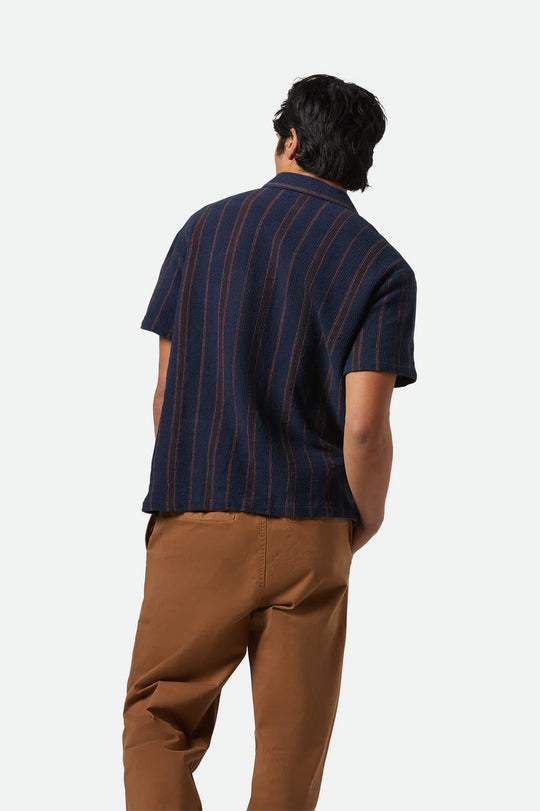 
       Men&#39;s Bunker Waffle Stripe S/S Camp Collar Shirt in the color Washed Navy Stripe - Men&#39;s Back View
     