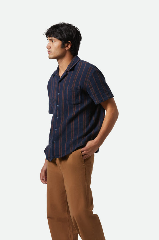 
       Men&#39;s Bunker Waffle Stripe S/S Camp Collar Shirt in the color Washed Navy Stripe - Men&#39;s Side View
     