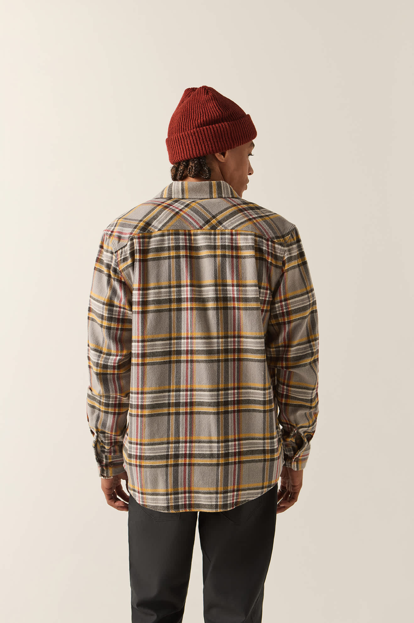 Men's Bowery Flannel in the color Washed Grey/Multi - Men's Back View