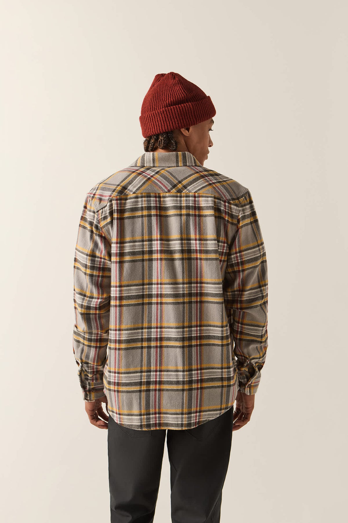 Men's Bowery Flannel in the color Washed Grey/Multi - Men's Back View