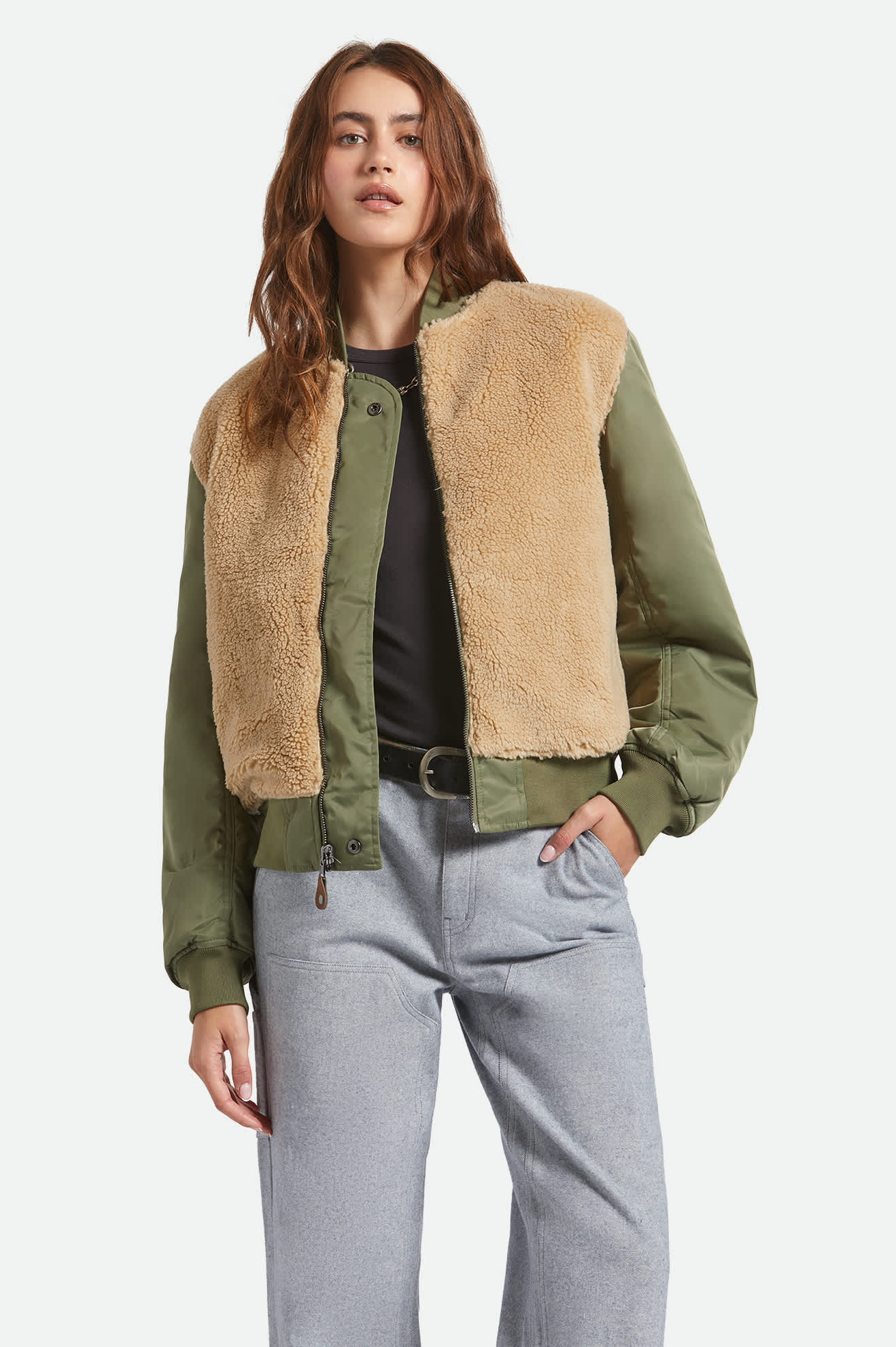 Women's Sherpa Surplus Bomber Jacket in the color Olive Surplus - Women's Front View