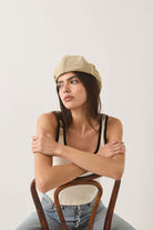 Unisex Hooligan Flat Cap in the color Khaki Stripe/Washed Black - Women's Side View