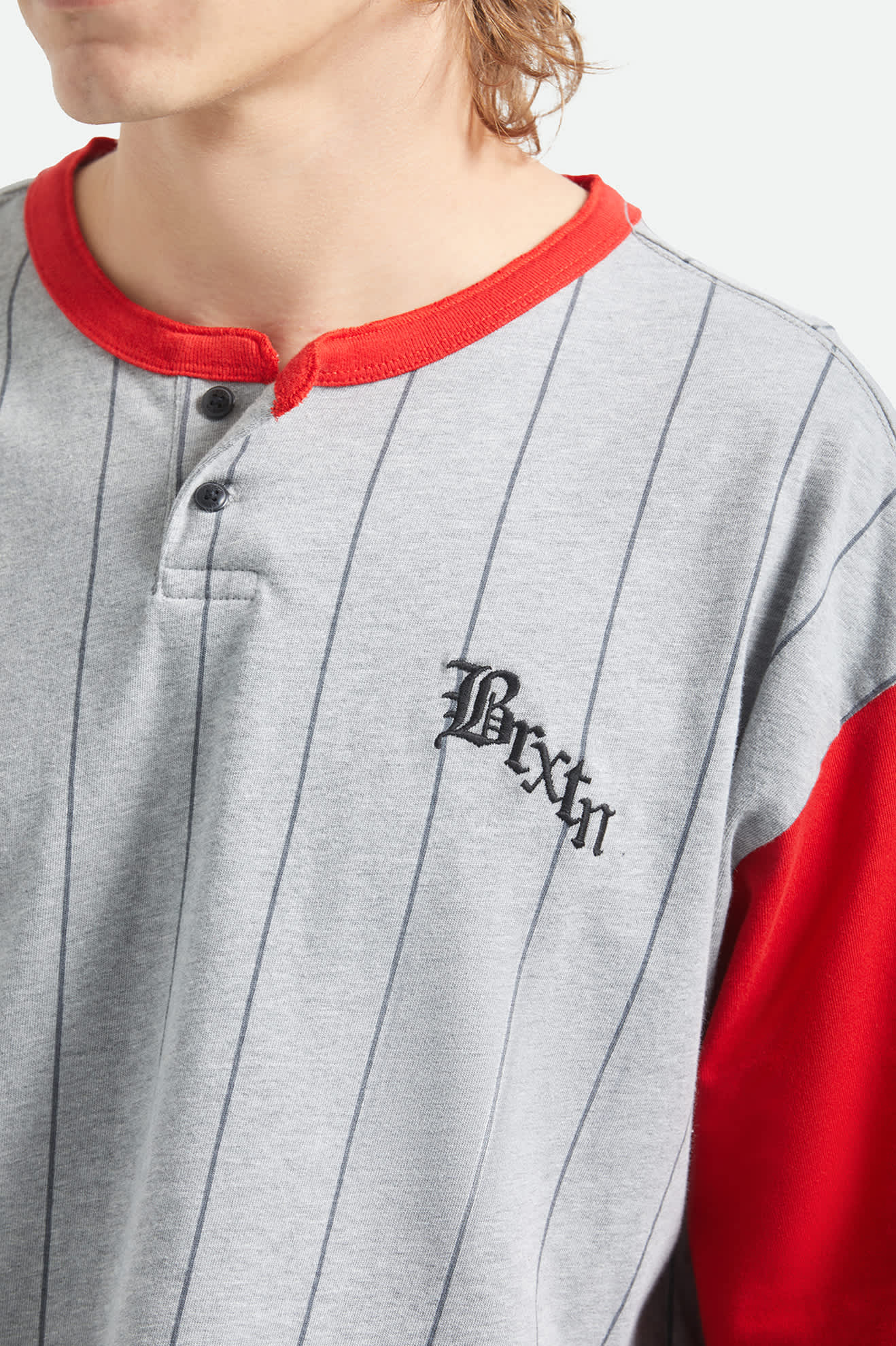 Men's Boxy Short Sleeve Baseball T-Shirt in the color Heather Grey/Adrenaline Rush - Additional Fit image