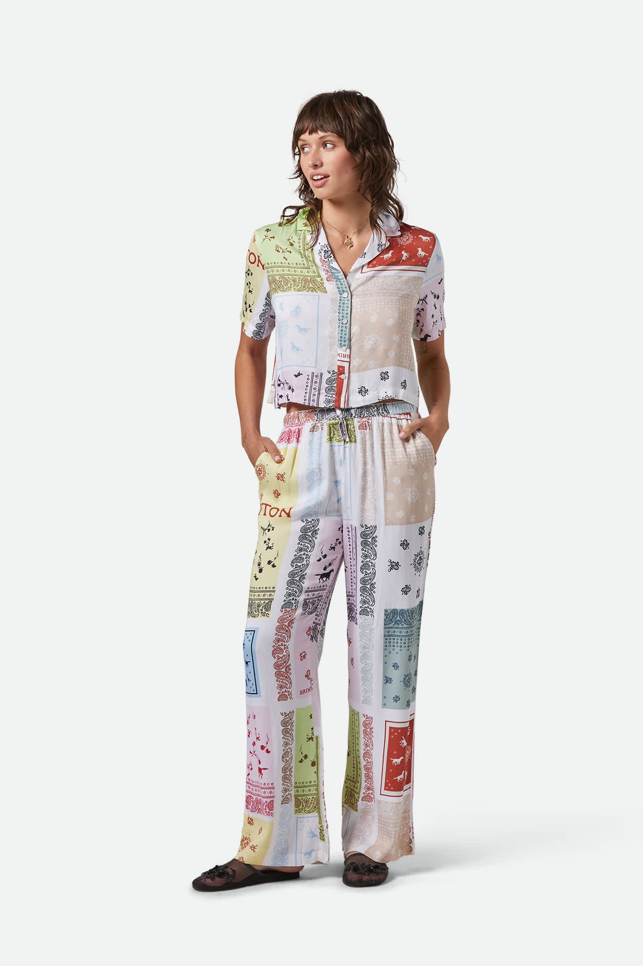 Women's Silky S/S Bowling Button Down in the color Multi Color Bandana - Additional Fit image