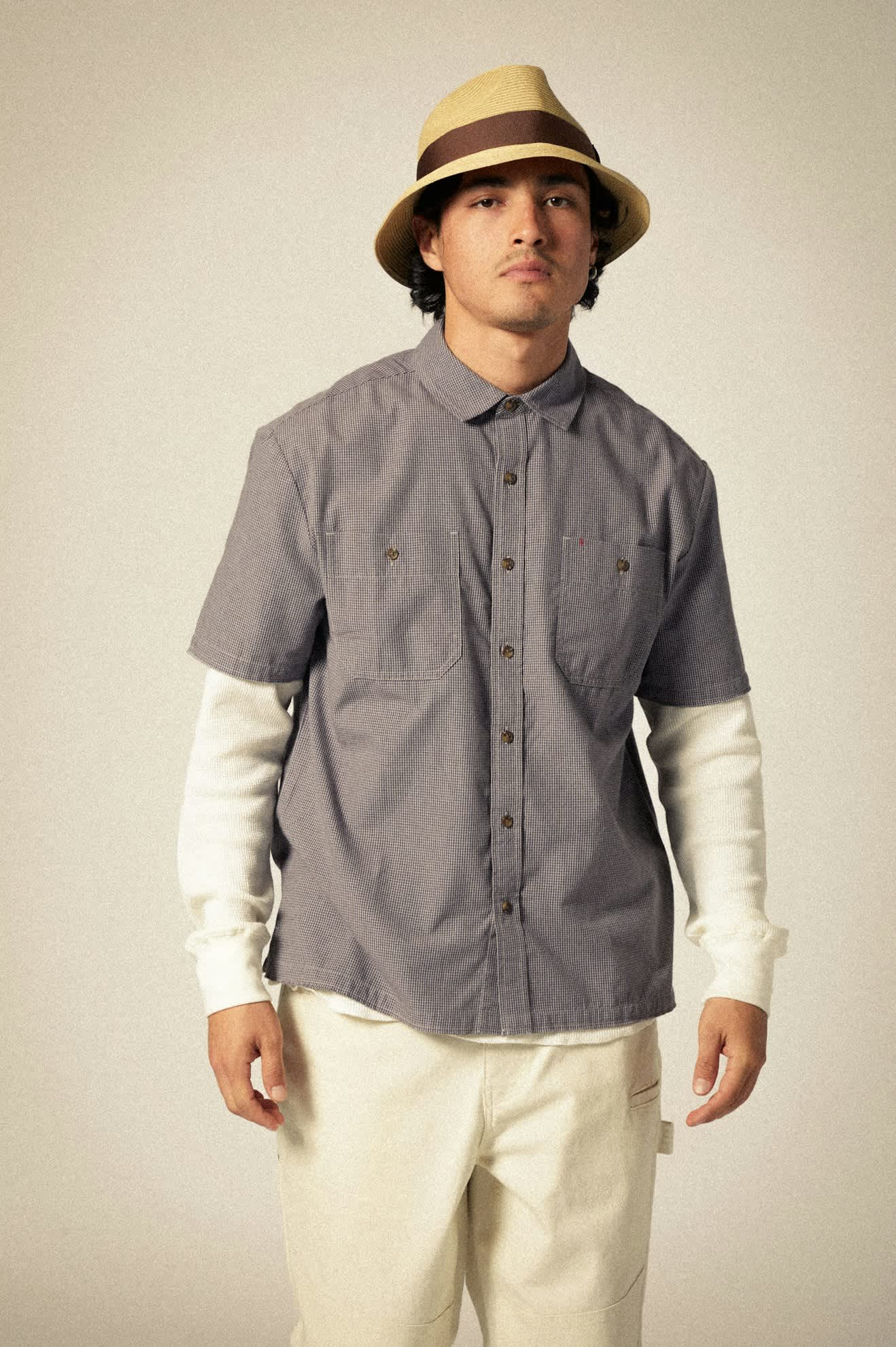 
       Men&#39;s CRU Micro Plaid Relaxed S/S Shirt in the color Washed Navy Micro Plaid - Additional Fit View
     