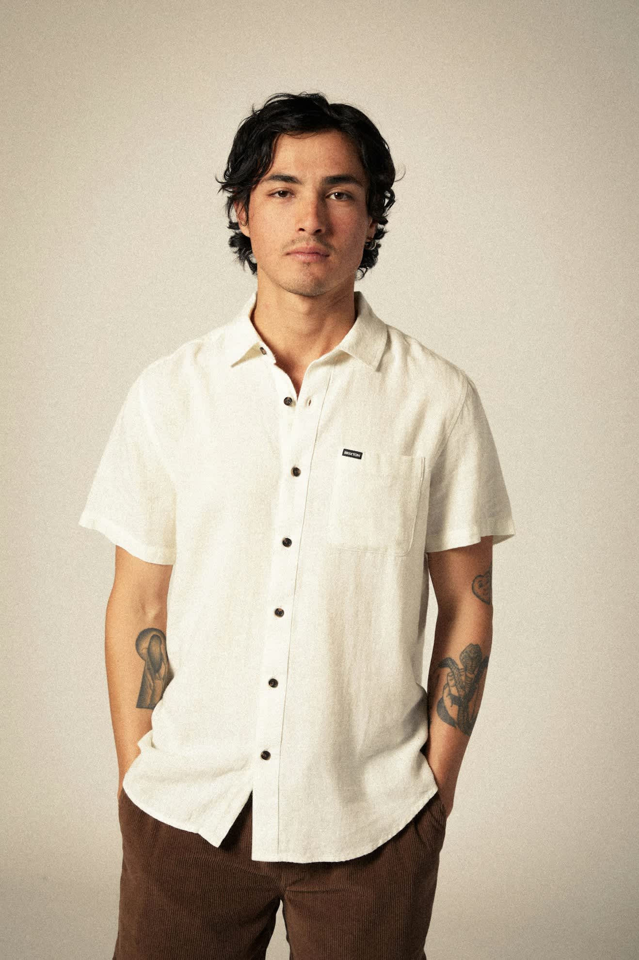 
       Men&#39;s Charter Organic Cotton Linen Blend S/S Shirt in the color Egret White - Men&#39;s Front View
     